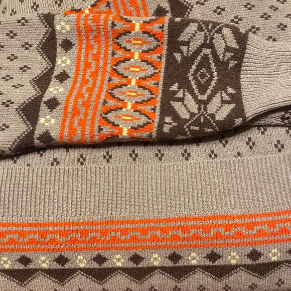 Thick Tight & Rib Knit Crewneck Sweater Taupe Brown Coral Fair Isle Pattern - Picture 5 of 10